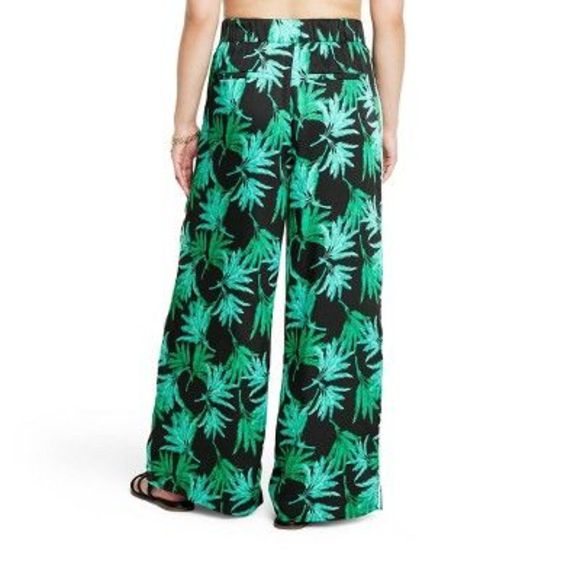 Women's Feathered Palm Print Wide Leg Pants - Fe Noel Green/Black 2X - Picture 3 of 4